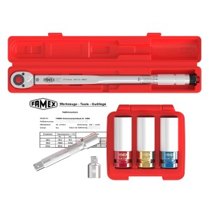 Famex Drehmomentschlüssel-Set mit Einsätzen im roten Koffer, Kalibrierschein und Zubehör.