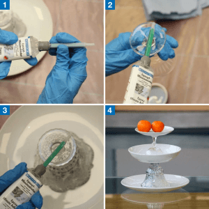 Anwendung des WEICON Epoxyd-Minutenkleber Sets zum Kleben von Glas, dargestellt in vier Schritten.