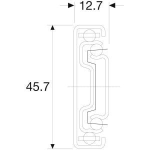 Technische Zeichnung der Accuride Kugelkäfigführung Dz3832. Querschnitt mit Maßen: Breite 12,7 mm, Höhe 45,7 mm.