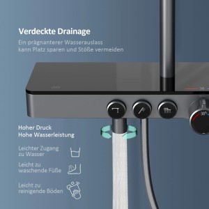 Emke Duschsystem Anthrazit: Thermostat-Duschgarnitur mit Regendusche und Handbrause.