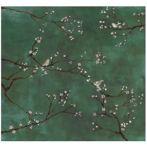 Grüne Fototapete mit Kirschblüten und Vögeln für ein natürliches Ambiente im Zuhause.