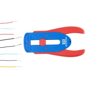 WEICON Präzisions-Abisolierer S, blaue Zange mit rotem Griff und farbigen Kabeln.
