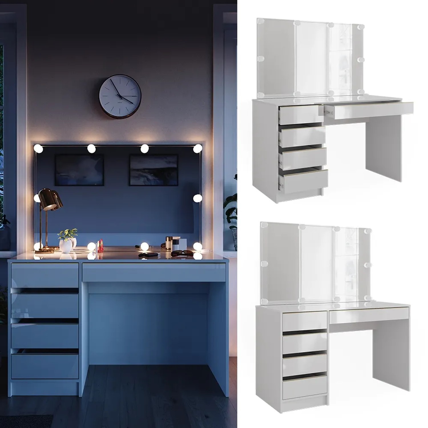 Vicco Schminktisch Sherry, weiß/gold, 120 cm, mit LED-Beleuchtung und Spiegel.