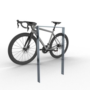 Schake Anlehnbügel aus feuerverzinktem Flachstahl (1200x750mm) mit Fahrrad. Robuste Baugeräte für Fahrräder.