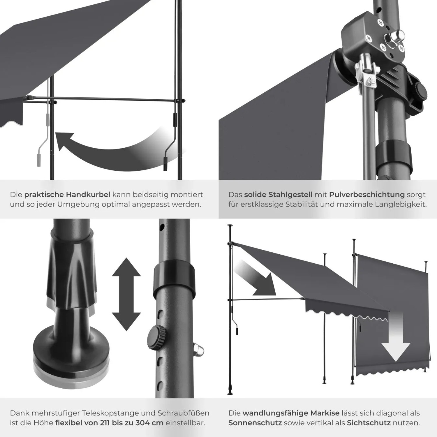 Tectake Klemmmarkise Schwarz Grau: Handkurbel, pulverbeschichtetes Stahlgestell, höhenverstellbare Teleskopstange, als Sonnen- & Sichtschutz.