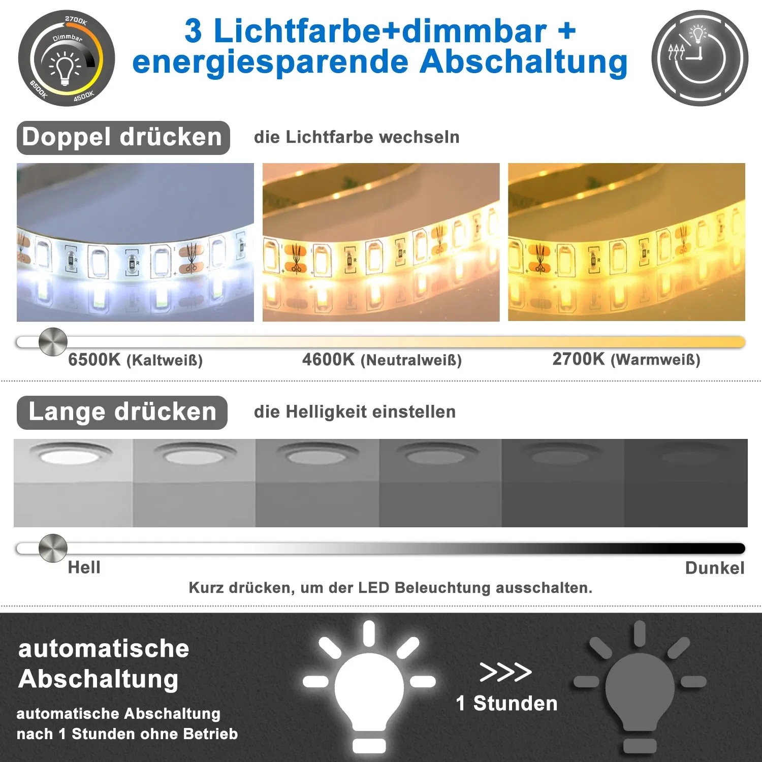 Funktionen des Aica Sanitär Badspiegels: Lichtfarben, Dimmbarkeit, Memory, Wandschalter, Beschlagfreiheit.