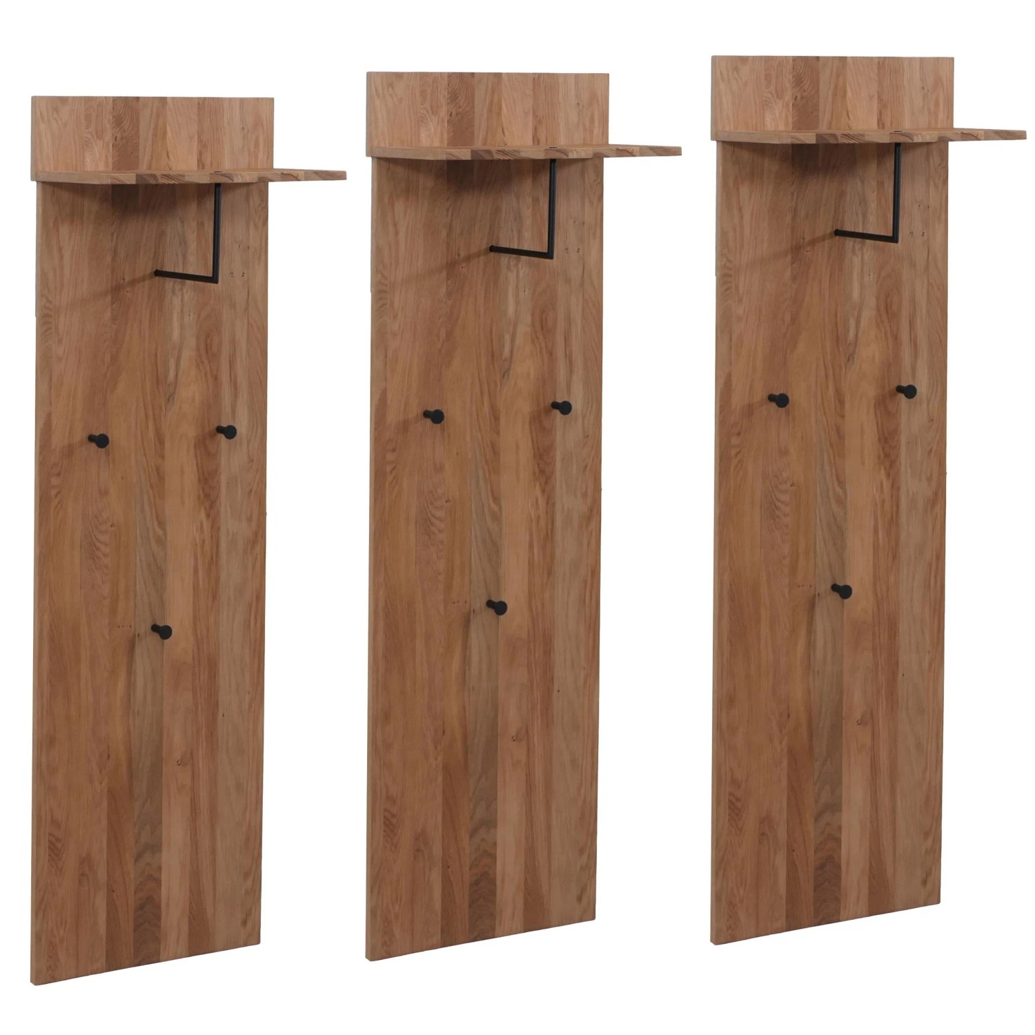 MCA 3er-Set Garderobenpaneel P55 Massiv-Holz Eiche Ablagefläche Haken