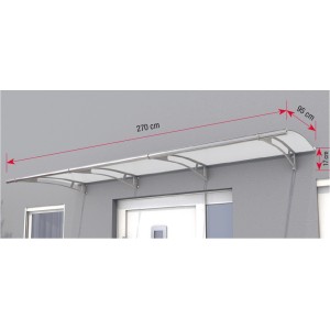 Modernes Pultvordach aus Edelstahl und satiniertem Acrylglas, 270 cm breit, für den Hauseingang.