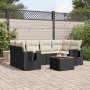 Schwarze 7-tlg. vidaXL Garten-Sofagarnitur aus Rattan mit cremefarbenen Kissen und Tisch.