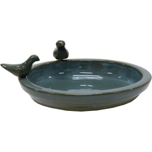 Grünes Vogelbad von M Collections, rund, mit zwei Vogel-Figuren.