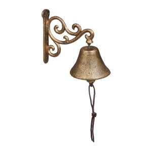 Dekorative goldene Gusseisen Türglocke mit ornamentiertem Wandhalter und Kordel für Haustür und Garten.