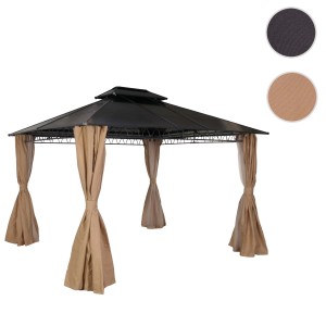 Cremefarbene MCW Hardtop Pergola M81 3,6x3m mit festem Dach und Seitenwänden als Terrassenüberdachung.