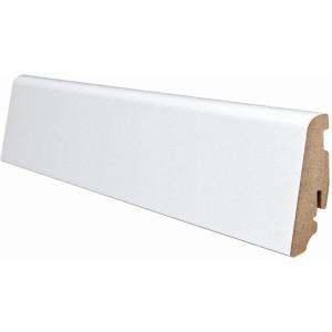 Weiße Sockelleiste, 58 mm hoch, 2200 mm lang, zur einfachen Montage mit Leistenclips.