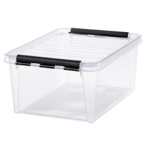 Transparente SmartStore Aufbewahrungsbox Classic 14 l mit Deckel und schwarzen Clips.