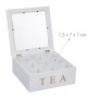 Weiße Bambus Teebox mit goldenem TEA-Schriftzug, 9 Fächern und Acryl-Sichtfenster. Offene Teebeutel-Aufbewahrungsbox.