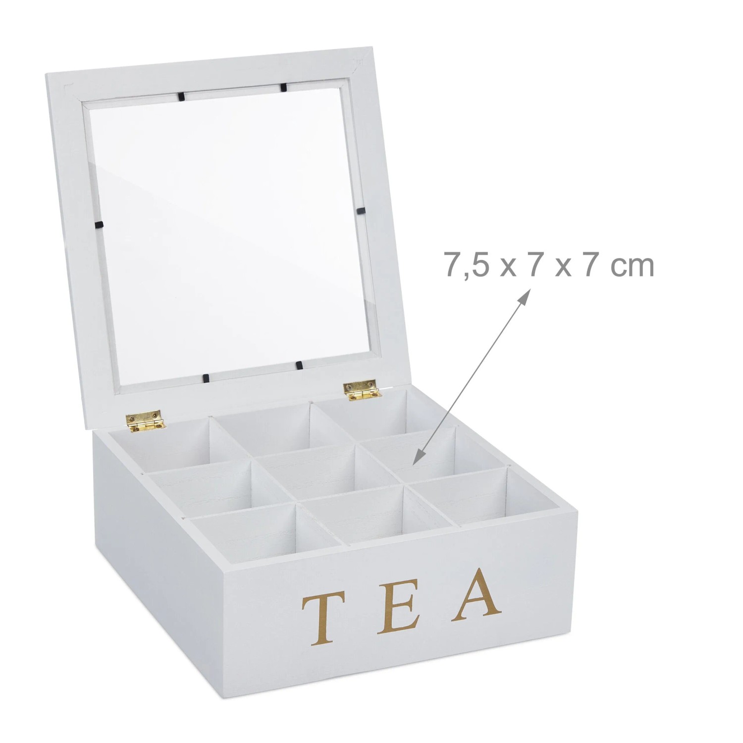 Weiße Bambus Teebox mit goldenem TEA-Schriftzug, 9 Fächern und Acryl-Sichtfenster. Offene Teebeutel-Aufbewahrungsbox.