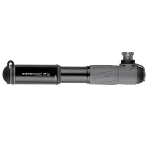 Schwarze Topeak Hybridrocket HP Mini Handpumpe. Kompakte Fahrrad-Luftpumpe mit CO2-Inflator für Rennräder.
