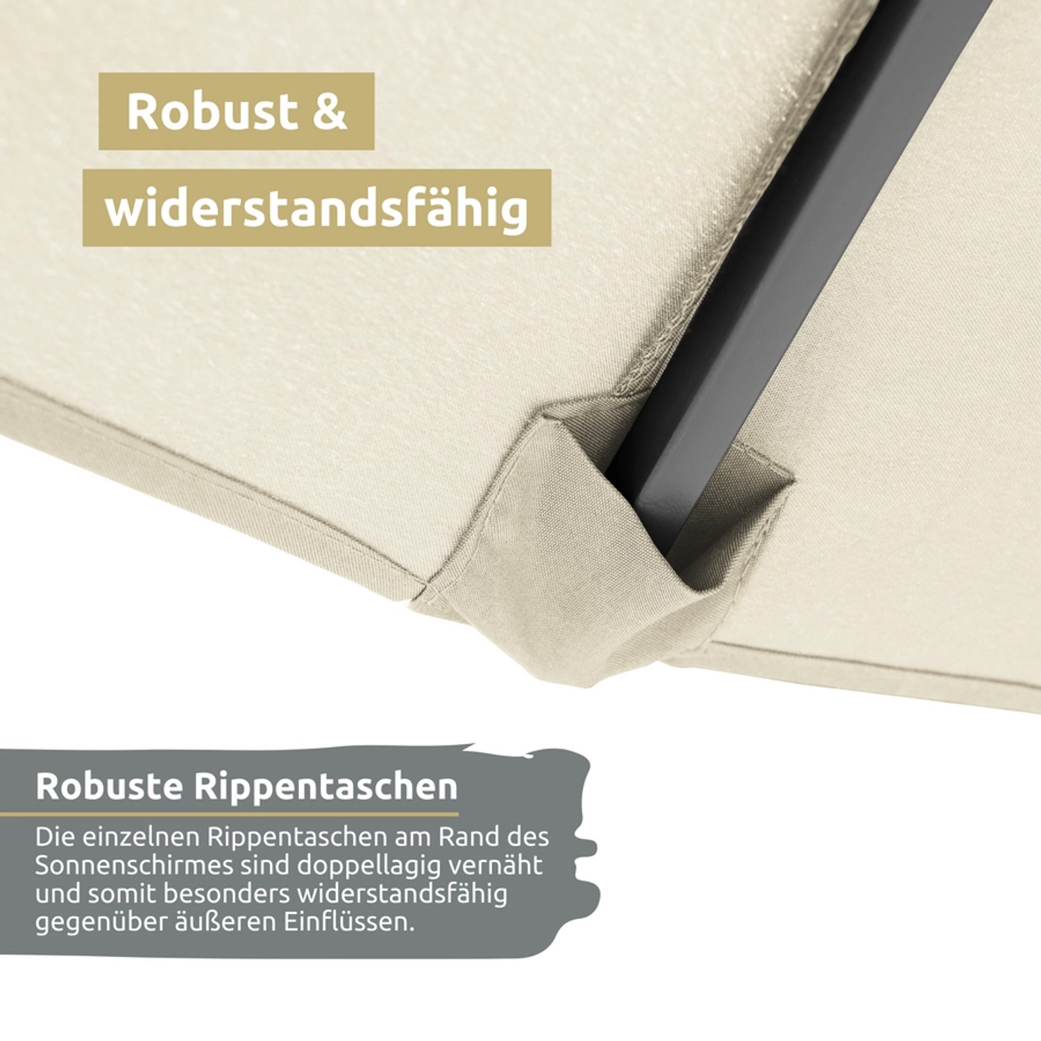 Detailaufnahme: Creme deluxe4home Ampelschirm mit robusten Rippentaschen.
