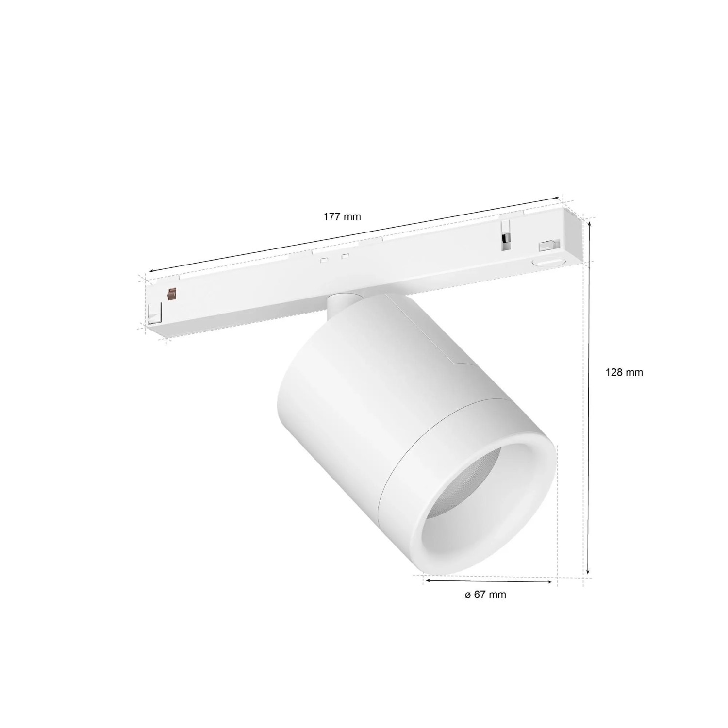 Weißer Philips Hue Perifo LED-Spot zur Schienensystem-Erweiterung mit Maßangaben.