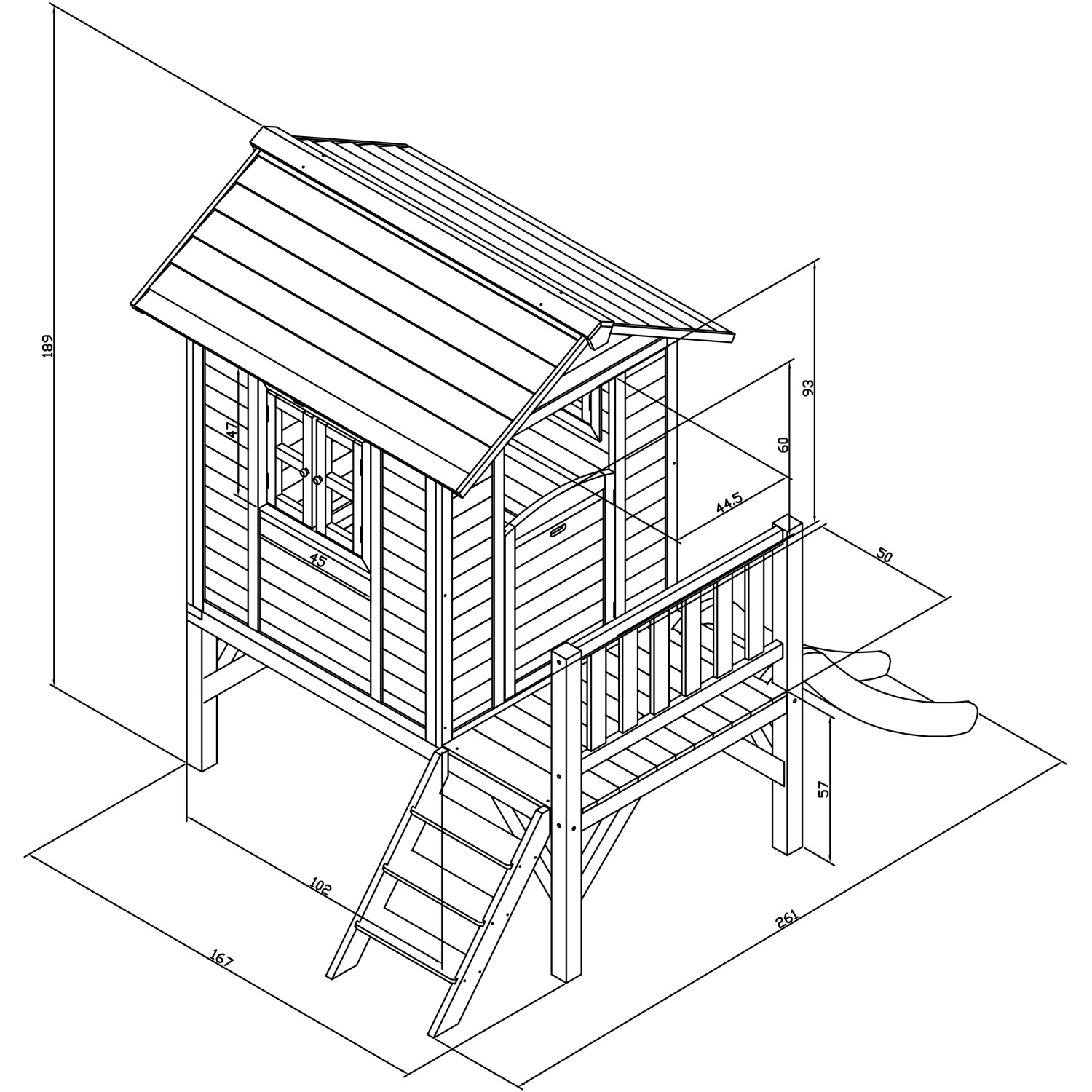 Technische Zeichnung: Axi Lodge XL Spielhaus mit Rutsche, 167x240x189 cm, Karibisches Blau/Weiß. Abmessungen und Details.