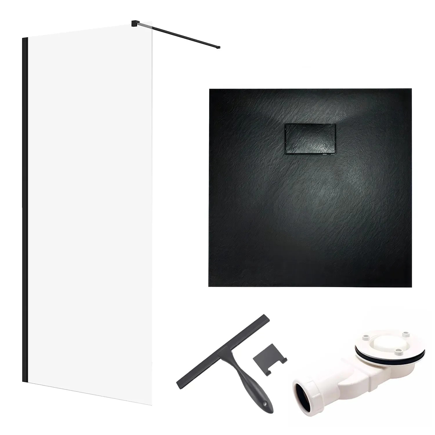 Bad Land SET Duschwanne VIDAR 80x80 Quadratisch Schwarz + Walk-In Dusche KETIL Schwarz 80x195 Transparentes Glas + Glaswischer