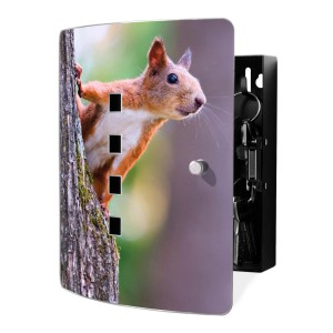 Design Schlüsselkasten Edelstahl mit Eichhörnchen Motiv für 10 Schlüssel. Praktische Garderobenleiste.