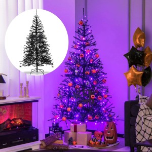 Costway künstlicher Weihnachtsbaum, 183cm, schwarz, mit lila LED-Beleuchtung und Halloween-Deko.