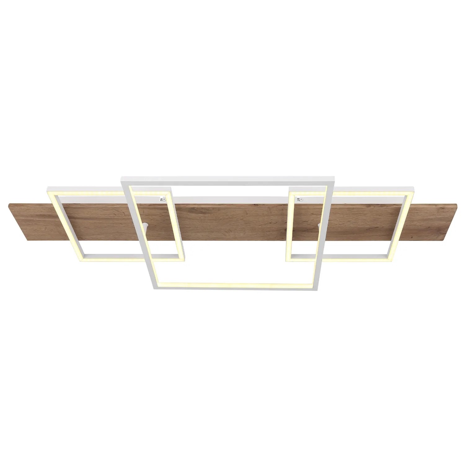 Moderne LED-Deckenleuchte Vanni in Holzfarben/Weiß, 95x40 cm, mit quadratischen Leuchtelementen.