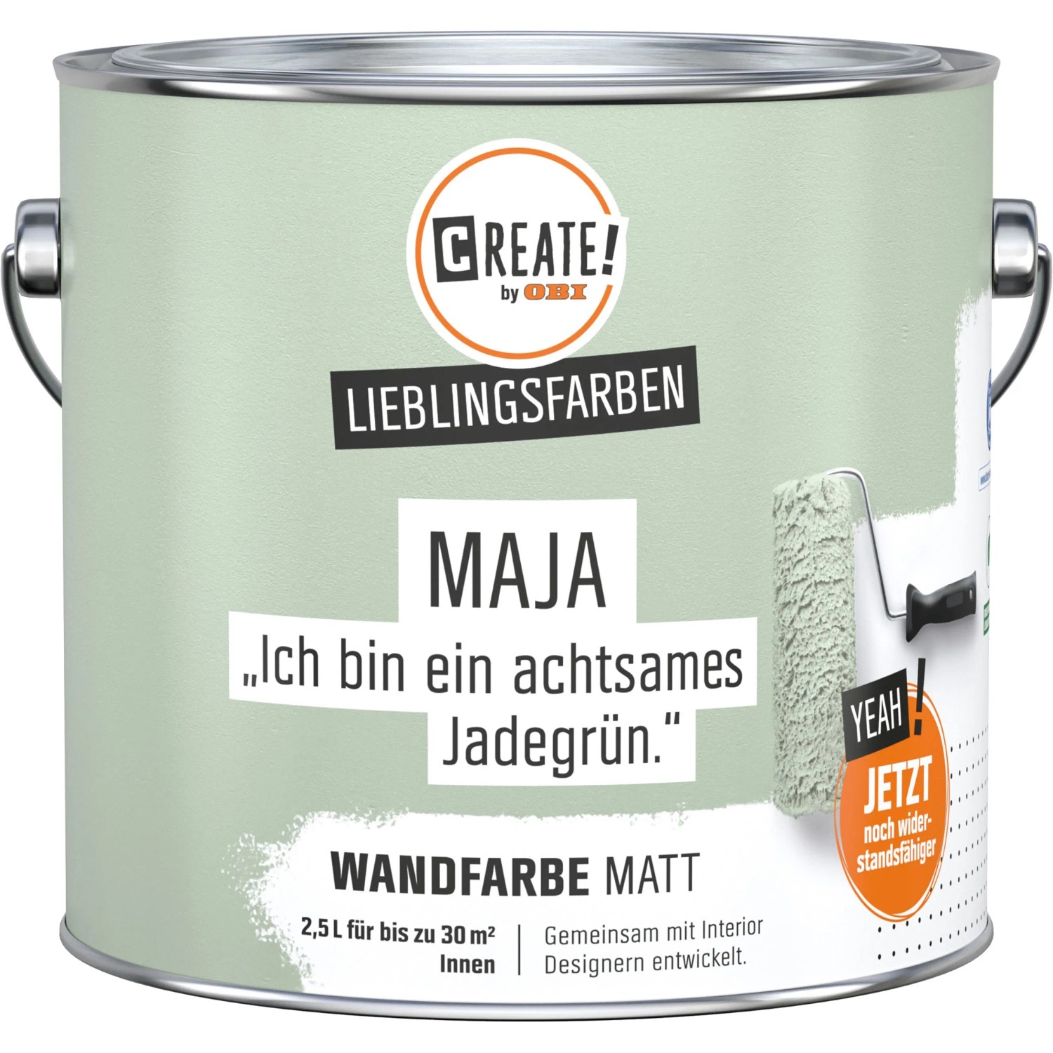 CREATE! by OBI Wandfarbe Maja Jadegrün, matte Innenfarbe im Farbeimer.