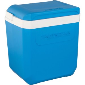 Blaue Kühlbox Icetime Plus 30 l mit weißem Deckel und Griff für Picknick und Camping.