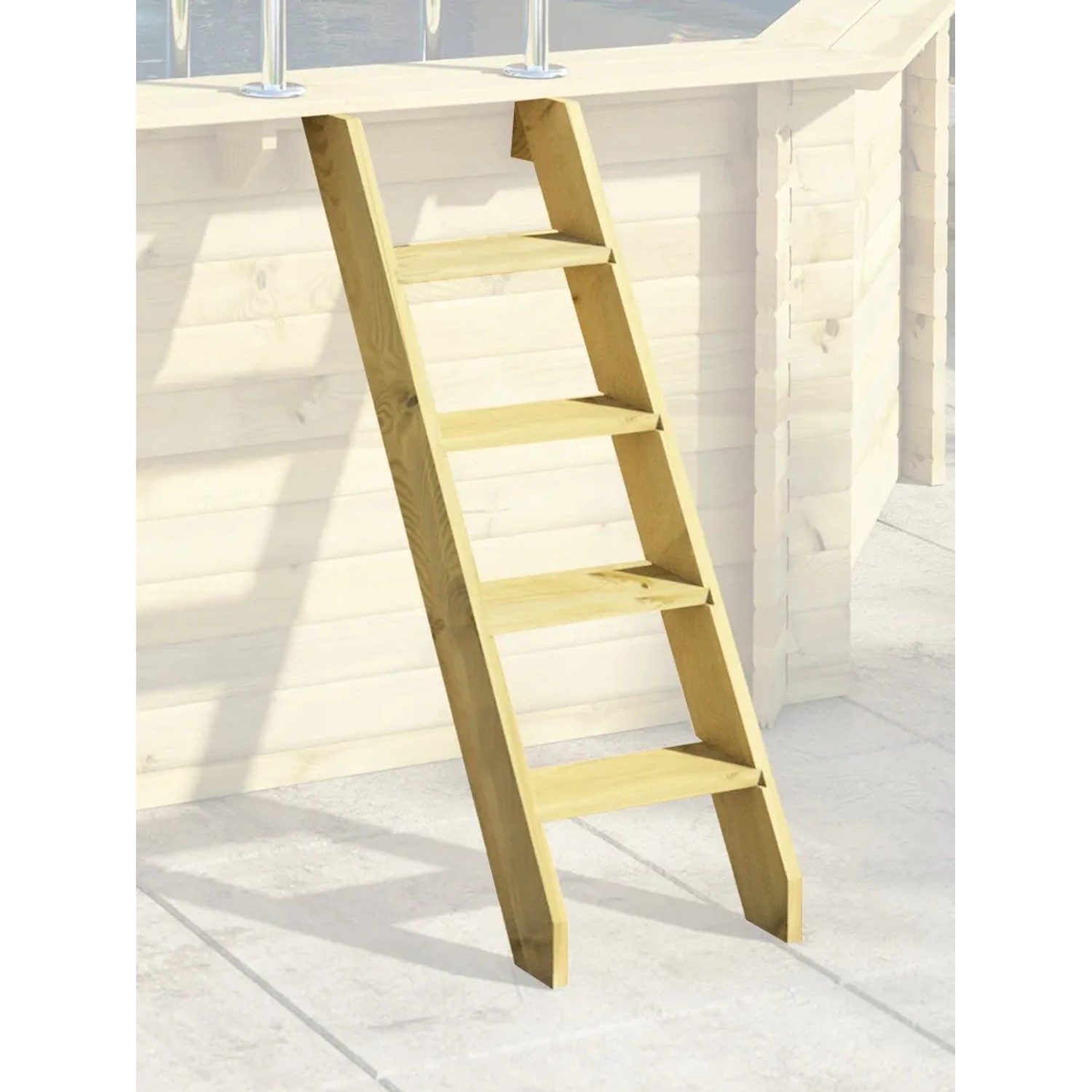Holzleiter für Karibu Pool Set D mit drei Sonnenterrassen.