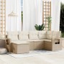Beige 6-teilige Garten-Sofagarnitur aus Poly Rattan mit cremefarbenen Kissen.