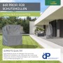 Graue Schutzhülle für eine L-förmige Loungegruppe im Garten. Wetterfeste Gartenmöbel Abdeckung.