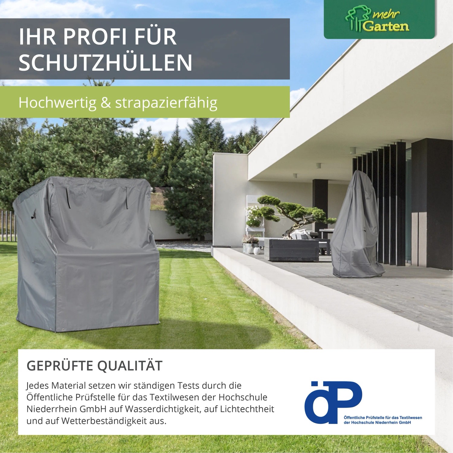 Graue Schutzhülle für eine L-förmige Loungegruppe im Garten. Wetterfeste Gartenmöbel Abdeckung.