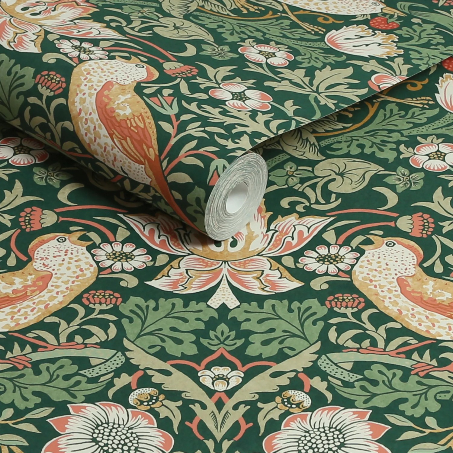 Grüne Vliestapete mit Vogel- und Erdbeermuster, William Morris Strawberry Thief Design.