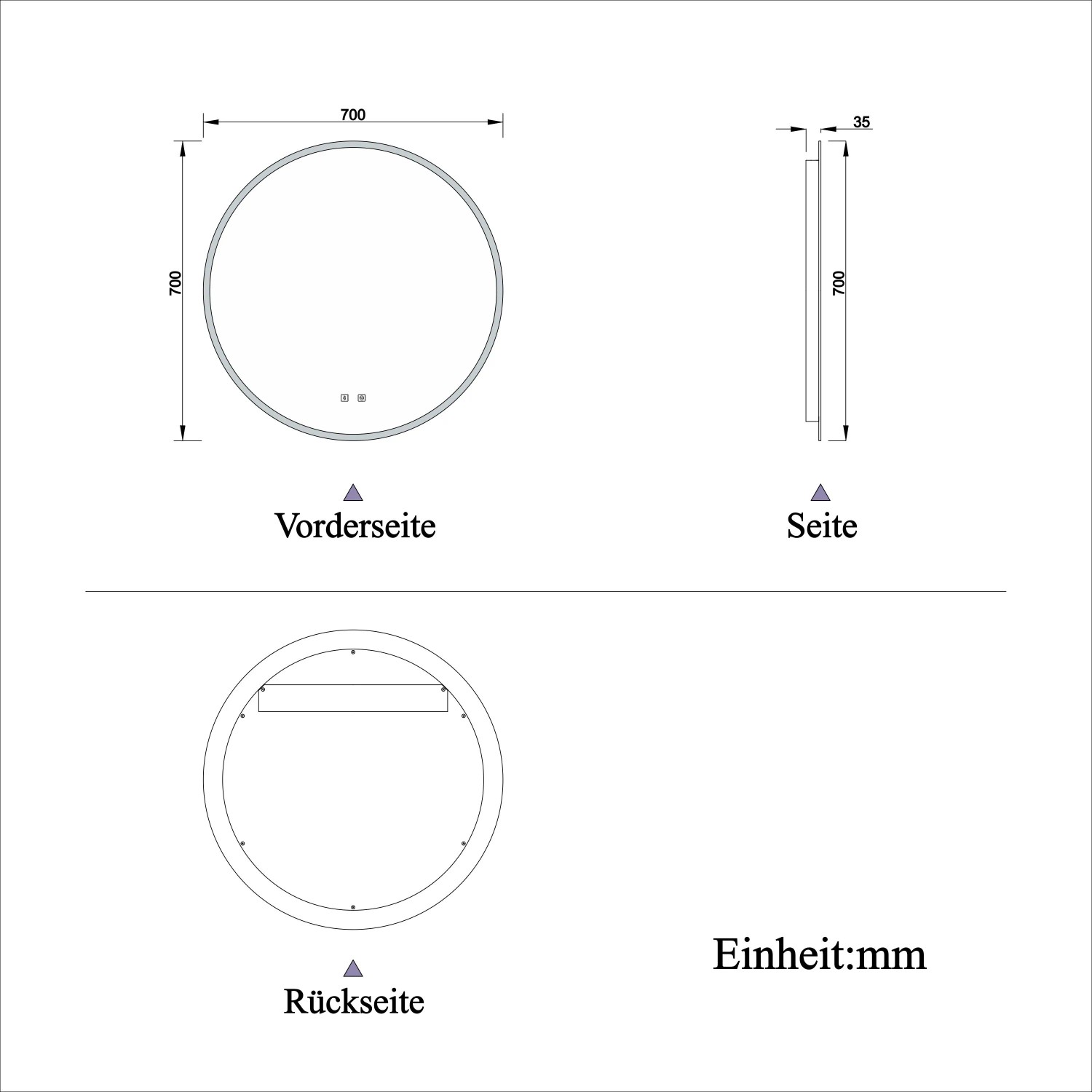 Technische Zeichnung: Aica Sanitär Badspiegel, rund, 70 cm, mit LED-Beleuchtung und Bluetooth.