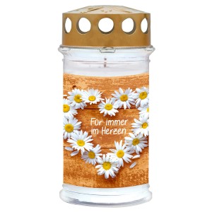 Motiv-Grablicht mit Gänseblümchen-Herz und Schriftzug "Für immer im Herzen".