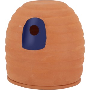 Esschert Hummeltopf aus Terrakotta mit blauem Eingang für Nützlinge im Garten.