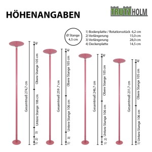 TRUTZHOLM Pole Dance Stange, pink, Maße und Höhenangaben im Überblick.
