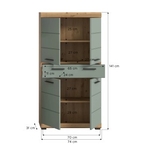 Xonox Midischrank, 74x141x31cm, Salbei/Eiche Optik, Bad-Einbauschrank mit Stauraum.