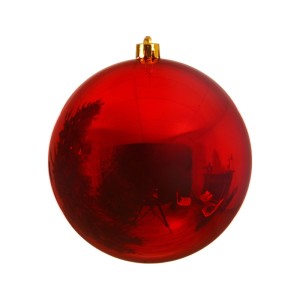 Große, glänzende, weihnachtsrote Decoris Christbaumkugel (25 cm) mit goldener Aufhängung.