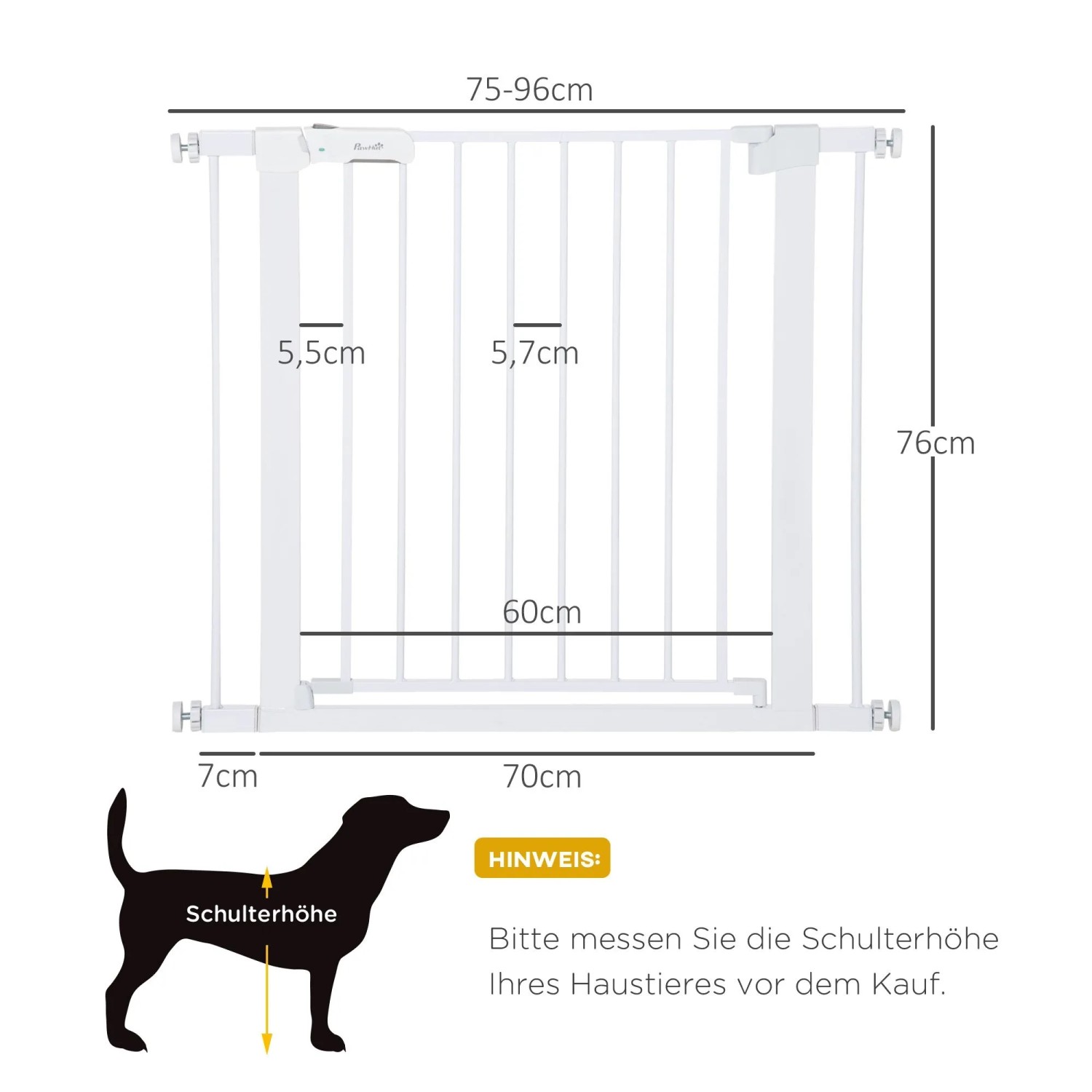 PawHut Türschutzgitter aus weißem Metall, verstellbar 75-96cm, Höhe 76cm. Mit Auto-Close und Spannbefestigung.