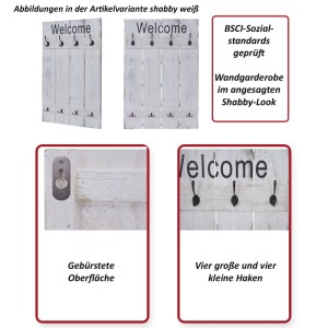 Weiße Shabby-Chic Wandgarderobe mit "Welcome" Schriftzug und 8 Metallhaken. Gebürstetes Holz Garderobenpaneel.