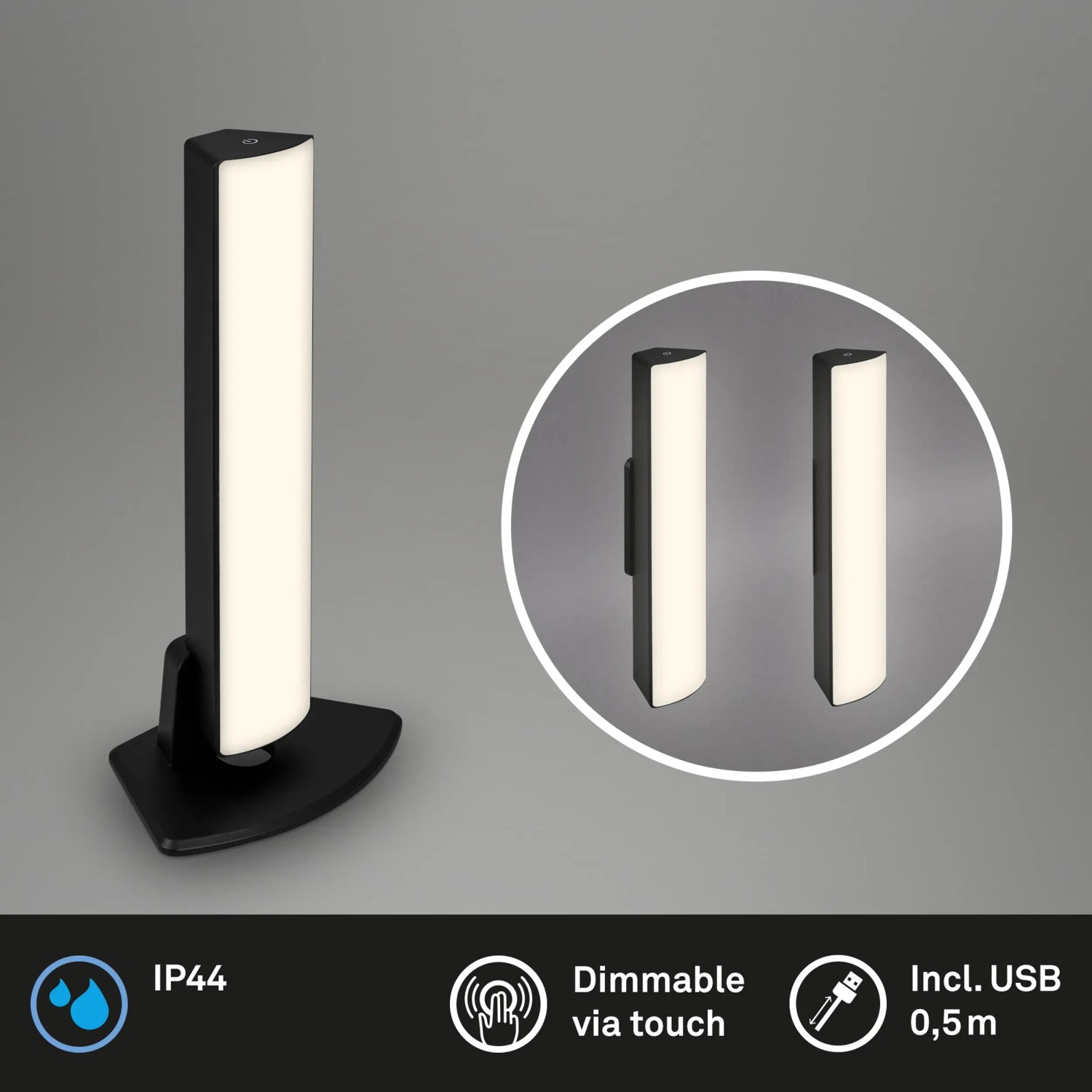 Brilo Akku Tisch- und Wandleuchte Zadar, schwarz, mit Touchdimmer und USB-Ladekabel.