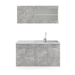Vicco R-Line Singleküche Beton/Marmor, 140 cm Küchenzeile mit Spüle und Hängeschränken.
