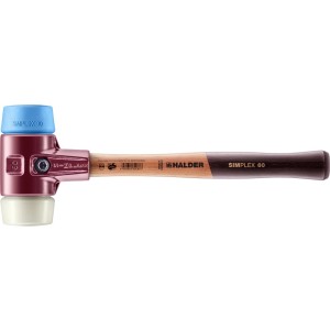 Halder Simplex Schonhammer Ø 60 mm mit blauem TPE-soft und weißem Nylon Einsatz, Tempergussgehäuse, Holzstiel.