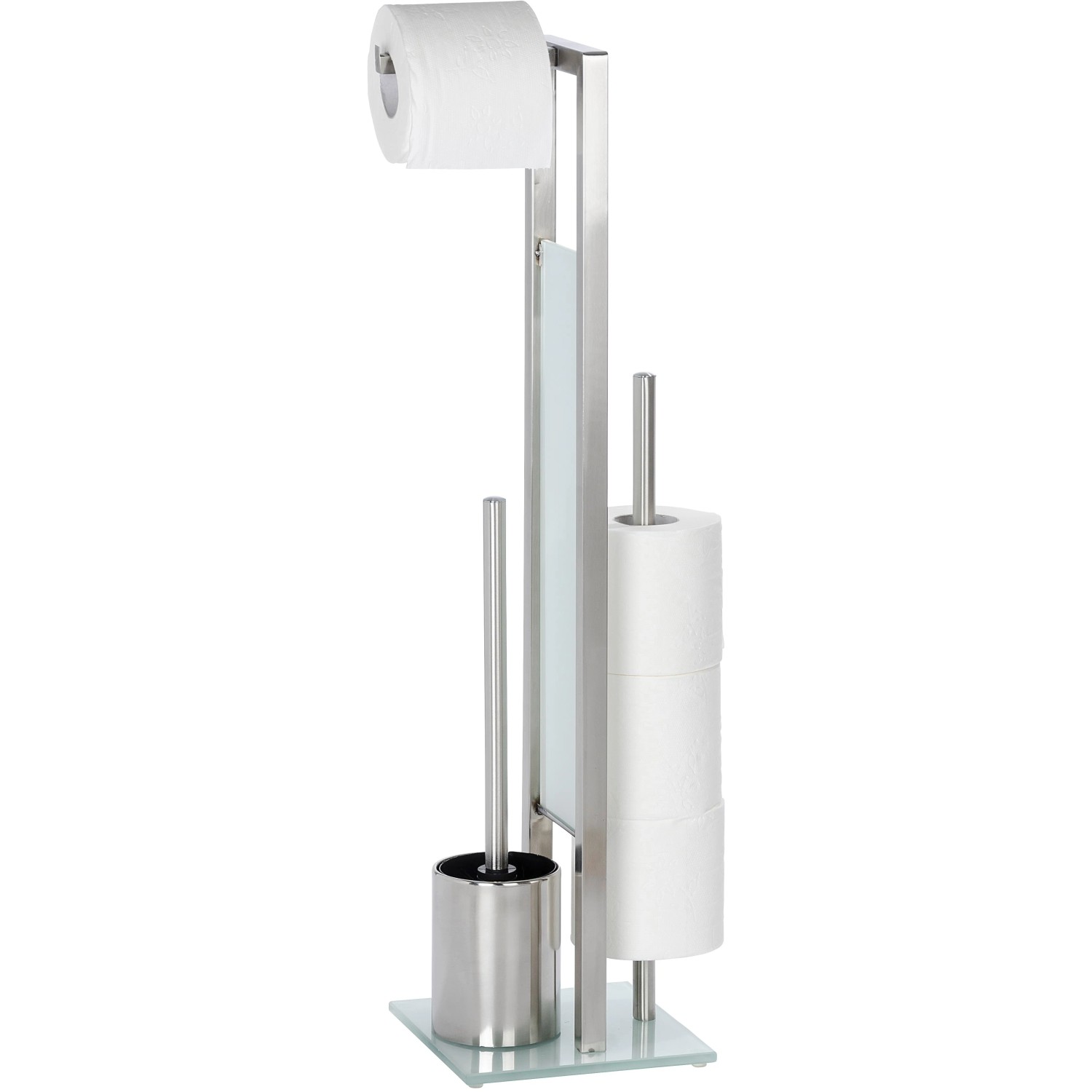 Wenko Stand WC-Garnitur Rivalta, silber matt, mit Toilettenpapier- und Bürstenhalter, aus Edelstahl und Glas.