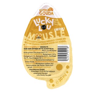 Lucky Lou Katzen-Trockenfutter Mäusle Drink-Snack Gouda, 28g. Ergänzungsfutter für Katzen mit leckerem Gouda-Geschmack.