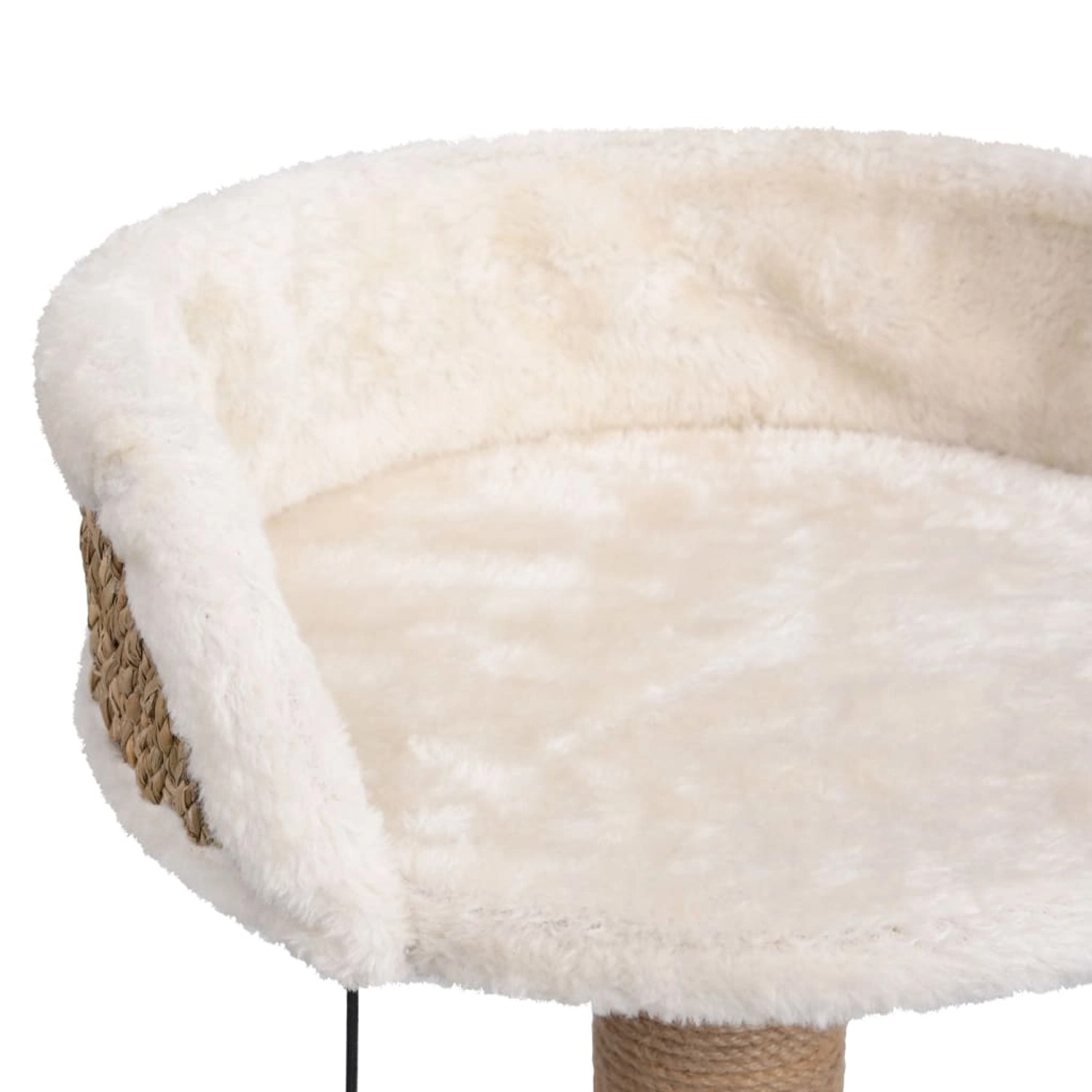 Beiger Katzenbaum mit Kratzsäule aus Seegras, Sitzplatz mit Plüschbezug.