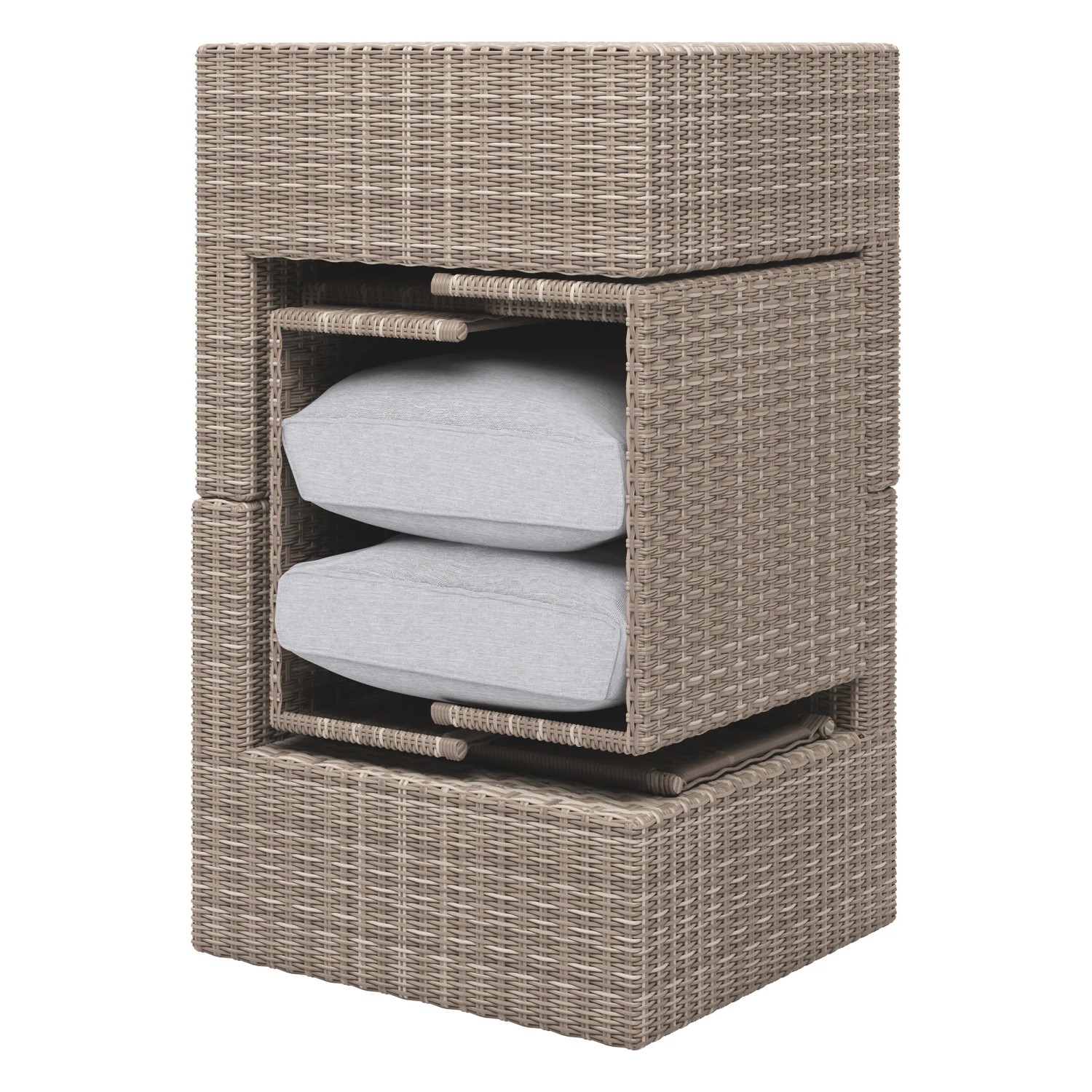 Balkonmöbel-Set Olea Mini, 5-teilig, hellgraues Polyrattan, platzsparend verstaut mit Kissen.